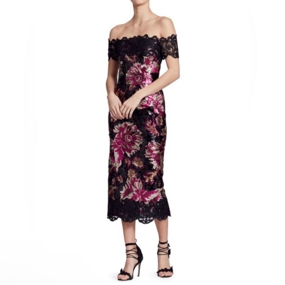 Marchesa Dresses & Skirts - MARCHESA NOTTE dress black pink 8 floral sequin lace off the shoulder formal
